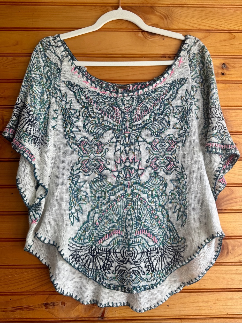 Free People Mayan Starburst Knit Top S Boho Oversized Poncho Sweater